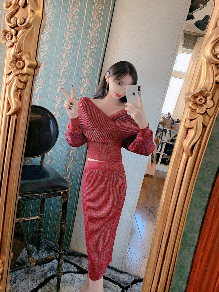 Women Maxi Dress Autumn and Winter Long-Sleeved Knitted V-neck Sexy Top Hip Skirt Knitted Two-Piece