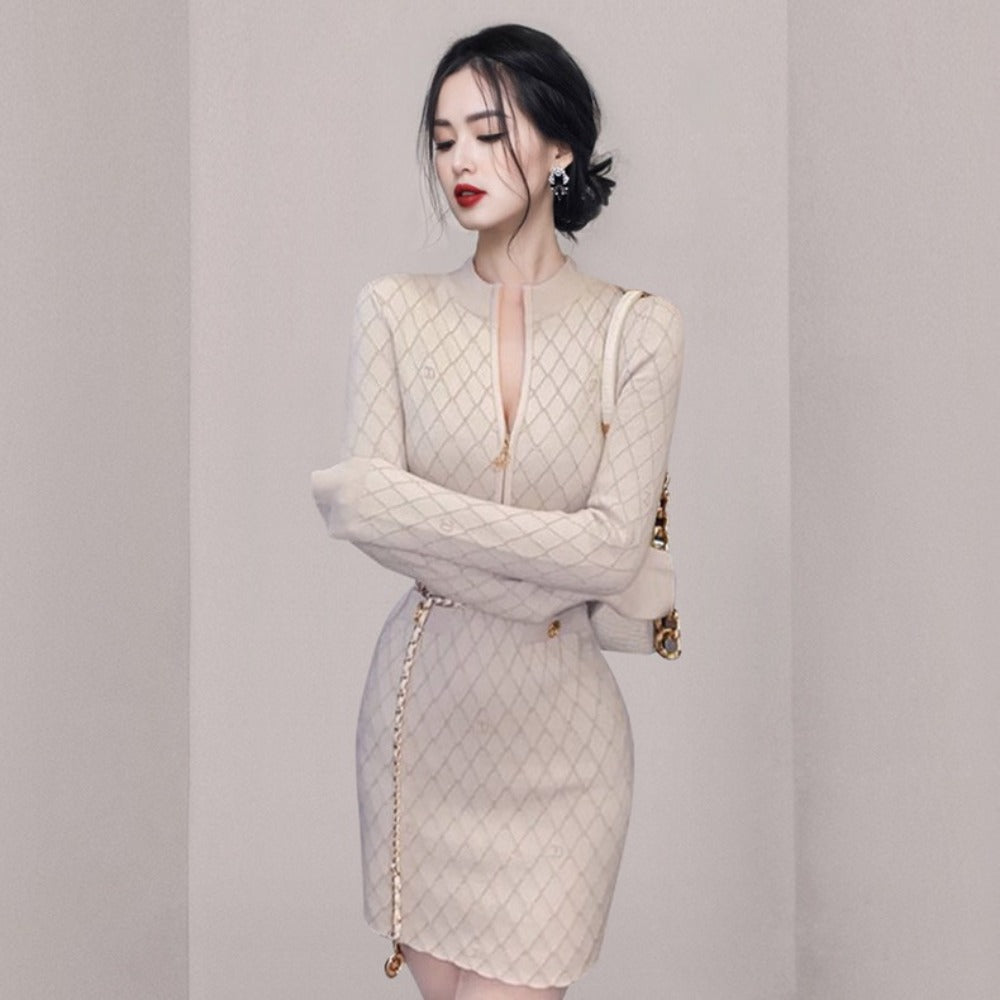 Women Maxi Dress Spring and Autumn Zipper Long Sleeve Slim Fit Hip Knitwear Dress
