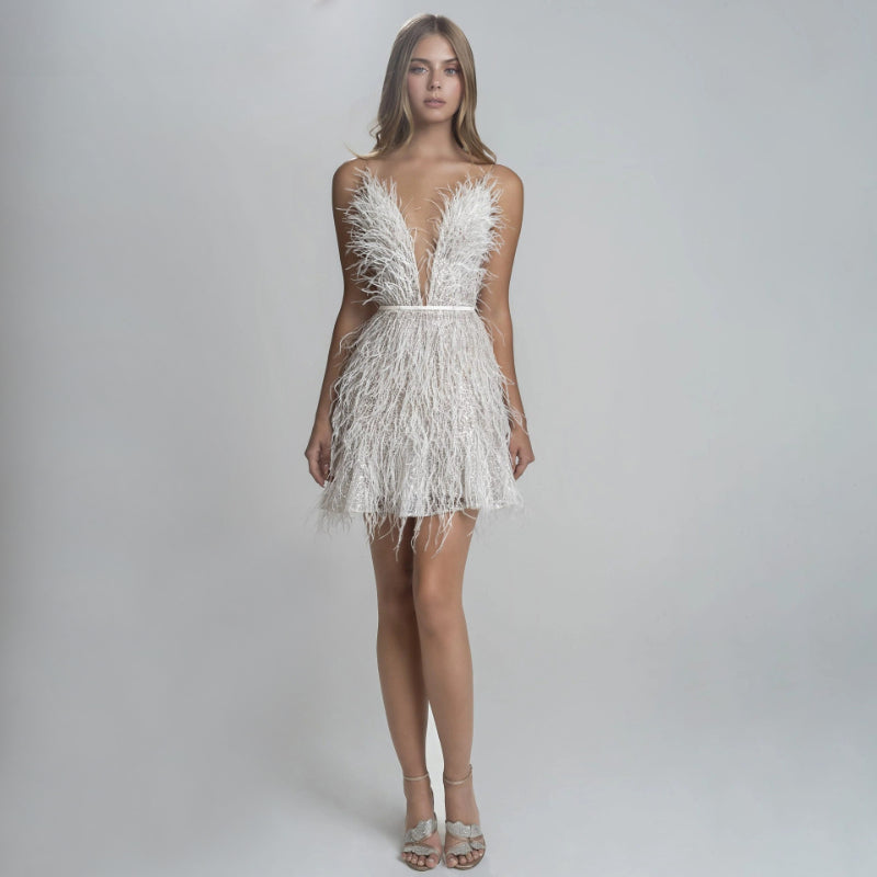 Harlem Night Attire Autumn Winter Sexy Backless Party Dress V-neck Feather Suspender Dress