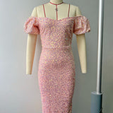 Harlem Night Attire Puff Sleeve Deep V Sequined Evening Dress