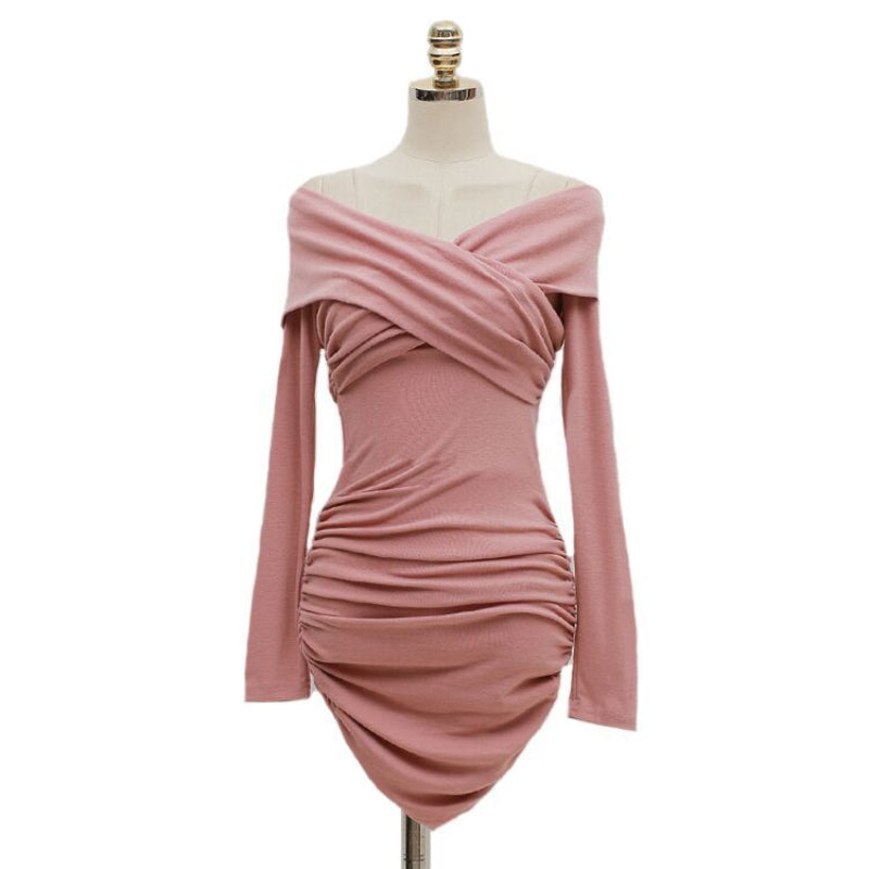 Women Maxi Dress Autumn Winter Sexy V-neck off-Shoulder Long Sleeve Narrow Dress