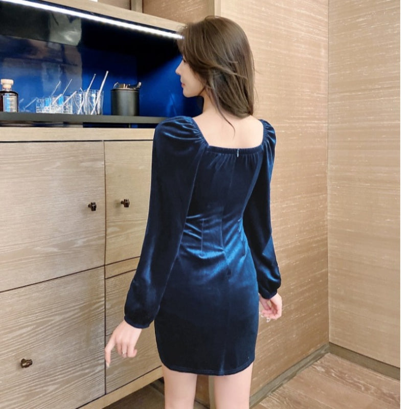 Women Maxi Dress Spring and Autumn Square Collar Velvet Long Sleeves Dress