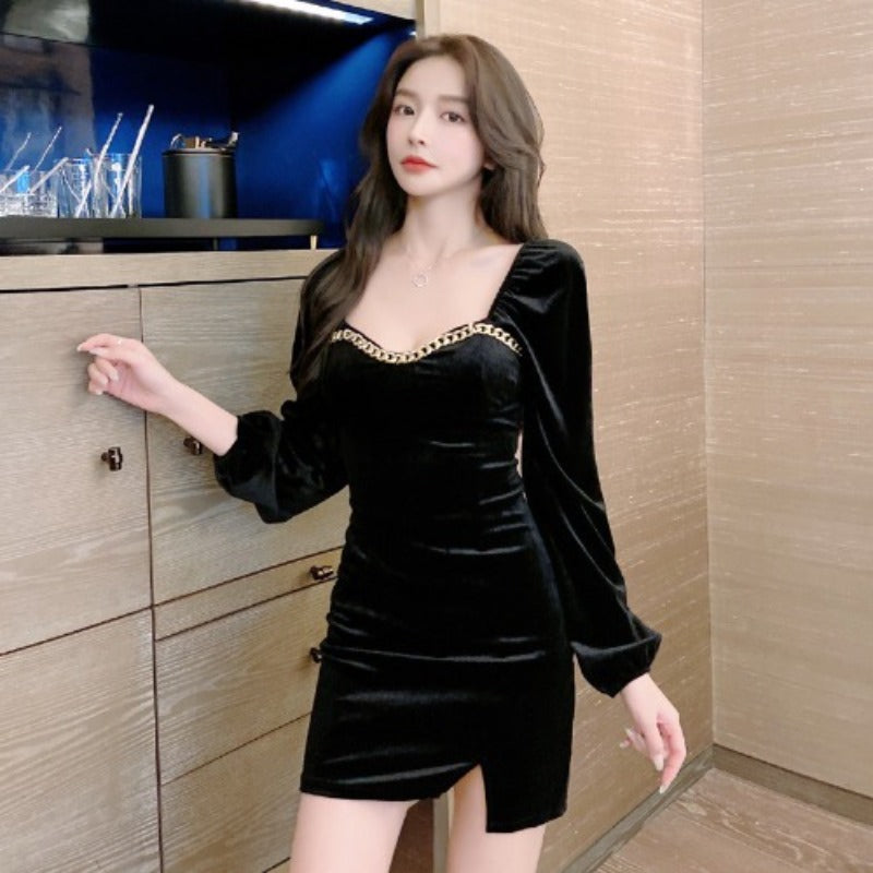 Women Maxi Dress Spring and Autumn Square Collar Velvet Long Sleeves Dress