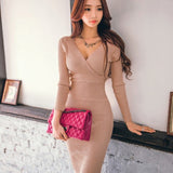 Women Maxi Dress Spring and Autumn Sexy Deep V-neck Knitted Dress