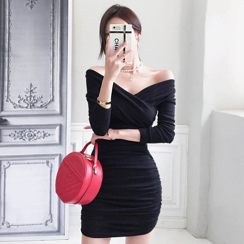 Women Maxi Dress Autumn Winter Sexy V-neck off-Shoulder Long Sleeve Narrow Dress