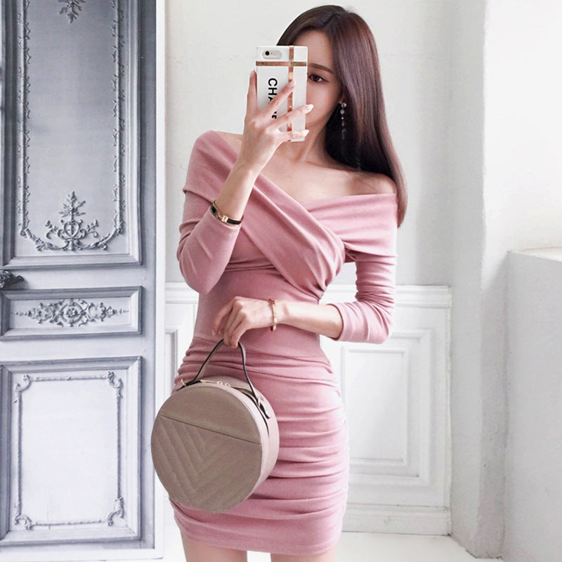Women Maxi Dress Autumn Winter Sexy V-neck off-Shoulder Long Sleeve Narrow Dress
