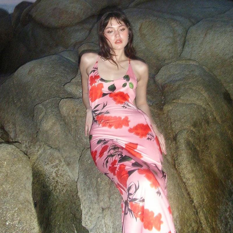Women Dresses Sexy Backless Printing Slip Dress