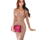 Women Maxi Dress Spring and Autumn Sexy Deep V-neck Knitted Dress