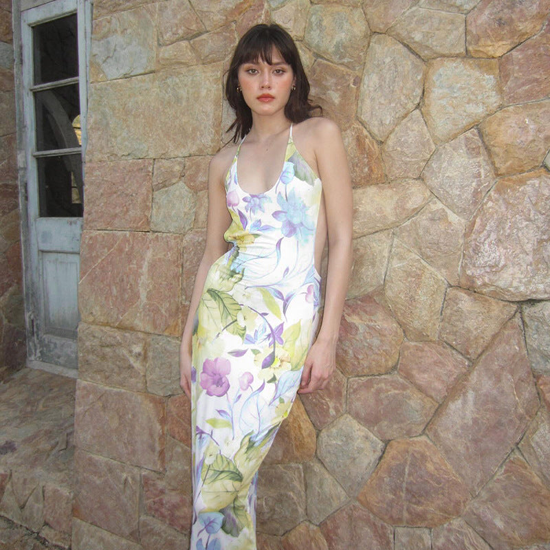 Women Dresses Sexy Backless Printing Slip Dress