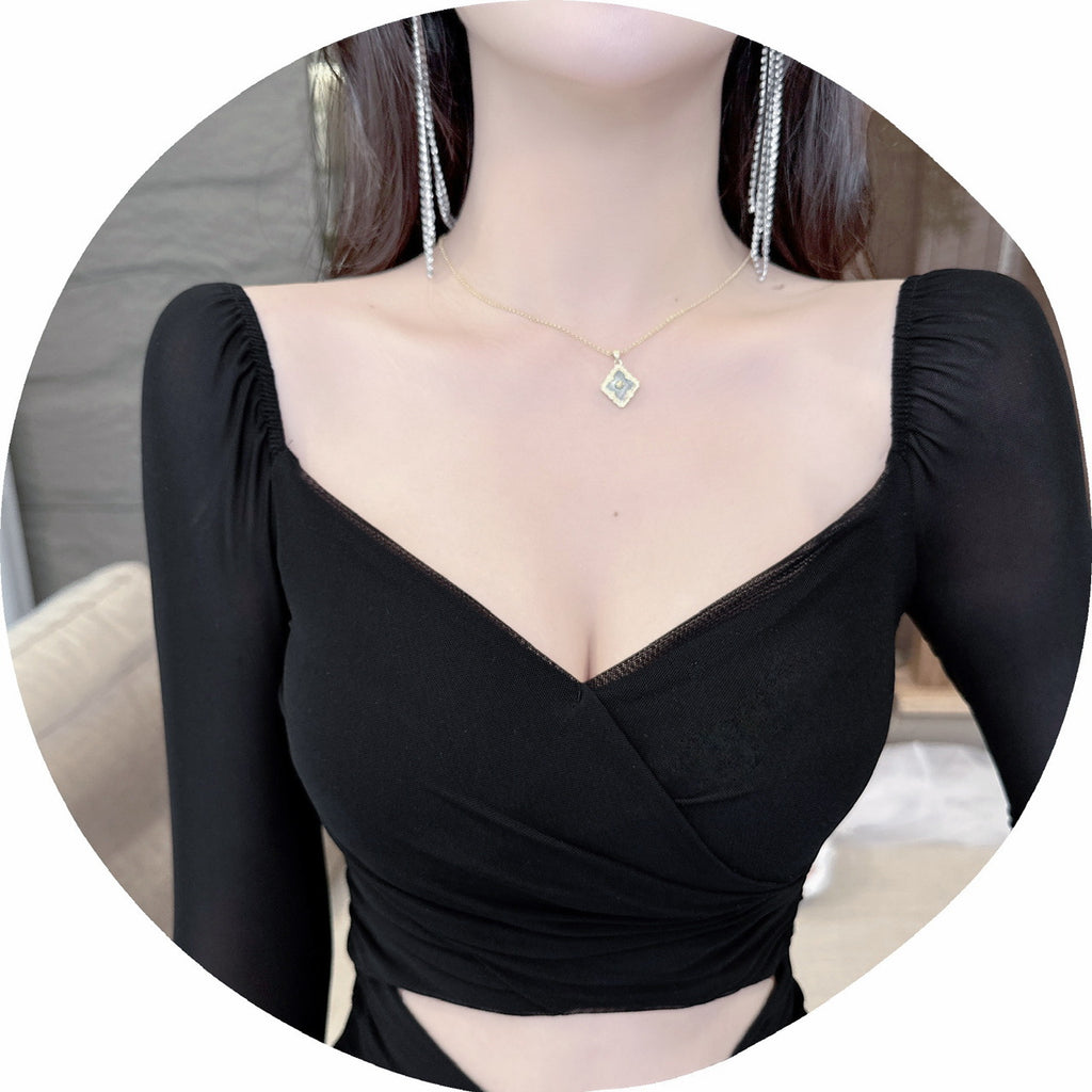 Women Maxi Dress Spring and Autumn Sexy High Elastic Mesh Long Sleeve Narrow Dress