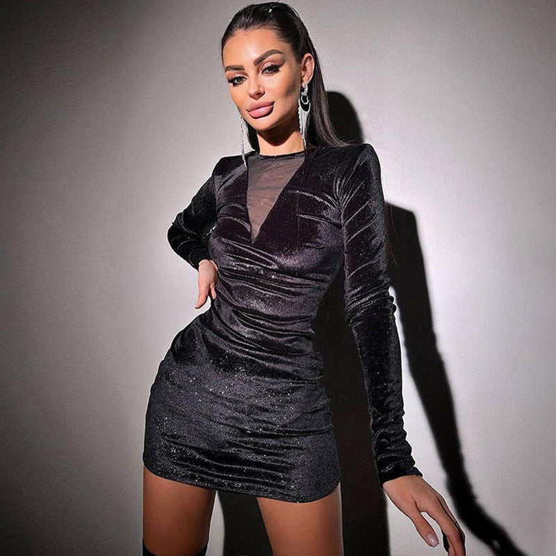 Women Dresses Winter Mesh Slim Fit Long Sleeve Narrow Dress