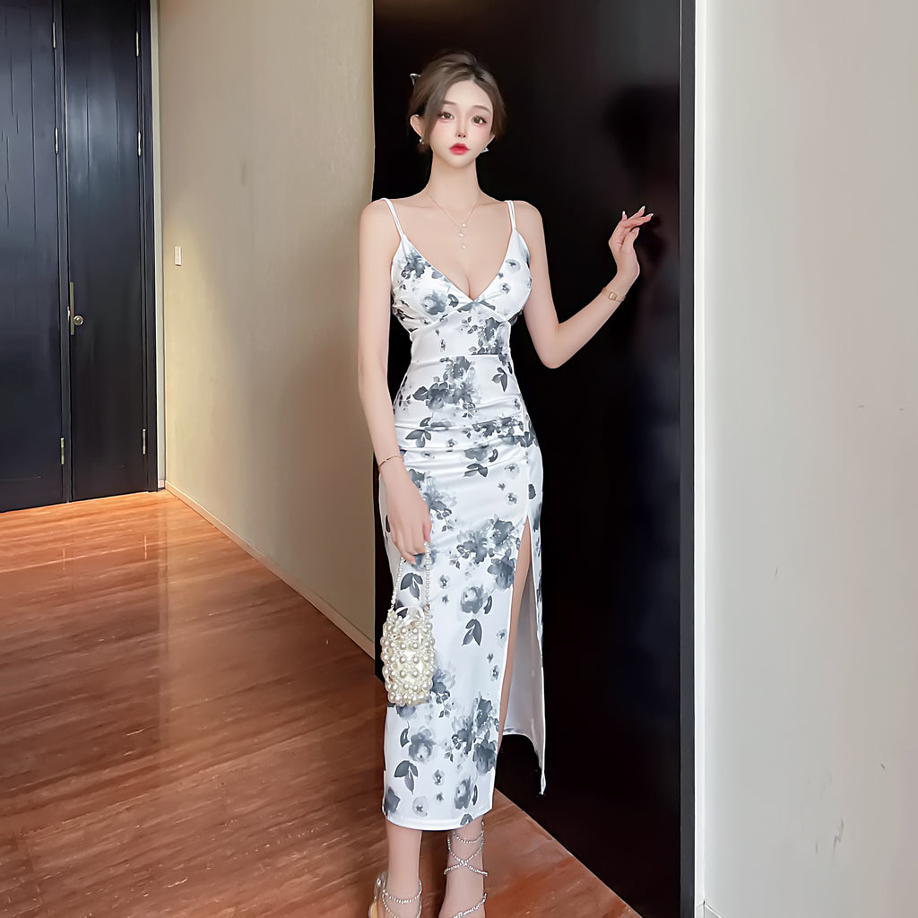Women Maxi Dress Summer Sexy Print Hip Spaghetti Straps Dress