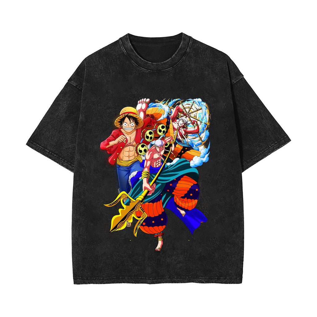 2024 new American washed retro cotton t-shirt Sauron, Luffy, Riman printed washed and old short-sleeved t-shirt