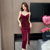 Women Maxi Dress Autumn Winter Sexy Gold Velvet Hip Spaghetti Straps Dress