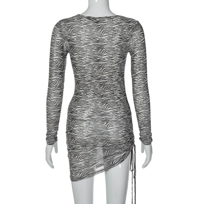 Women Dresses Autumn Sexy Mesh Floral Print Hollow out Long Sleeve Dress