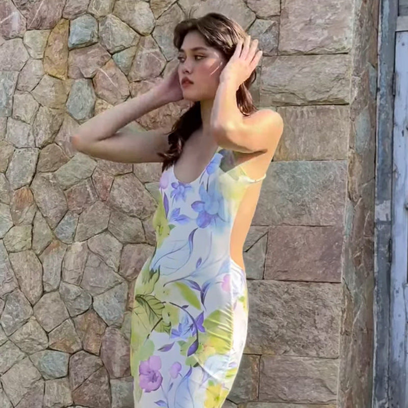 Women Dresses Sexy Backless Printing Slip Dress