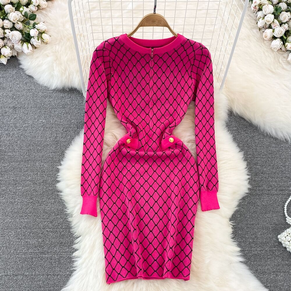 Women Maxi Dress Spring and Autumn Zipper Long Sleeve Slim Fit Hip Knitwear Dress
