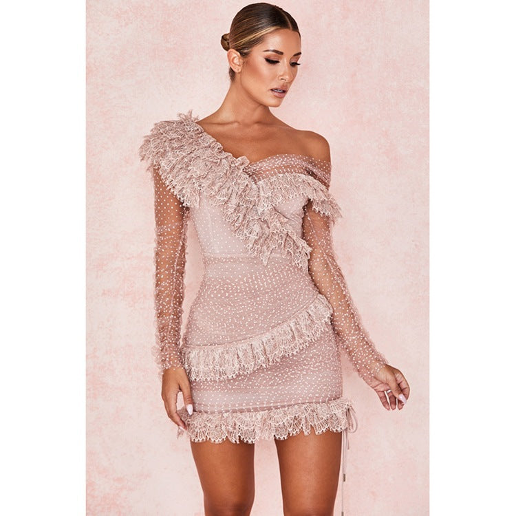 Harlem Night Attire Long Sleeve Lace Screen Hollow Lace Mini Sheath Dress