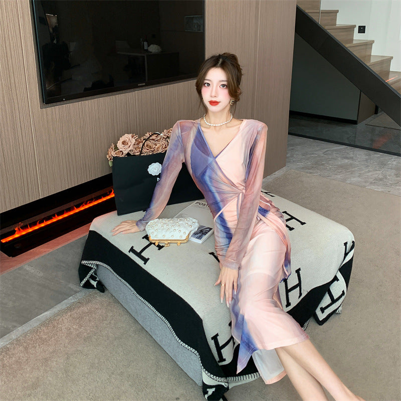 Women Maxi Dress Spring/Summer V-neck Long Sleeve Mesh Dress