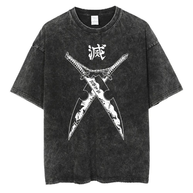 2024Harajuku Streetwear Black Washed T-Shirt Anime Graphic