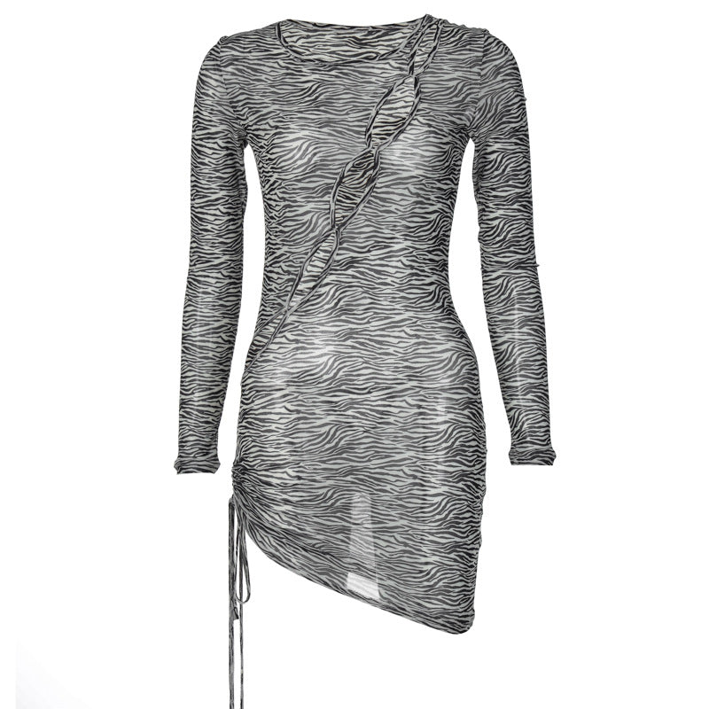 Women Dresses Autumn Sexy Mesh Floral Print Hollow out Long Sleeve Dress