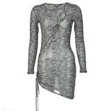 Women Dresses Autumn Sexy Mesh Floral Print Hollow out Long Sleeve Dress