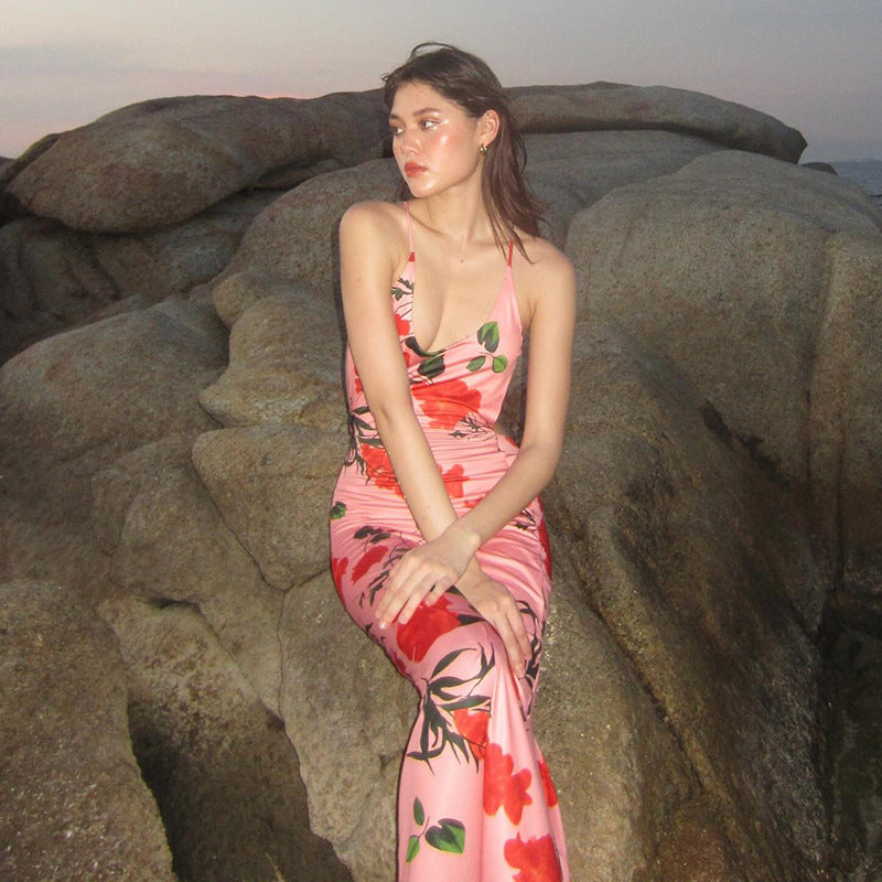 Women Dresses Sexy Backless Printing Slip Dress