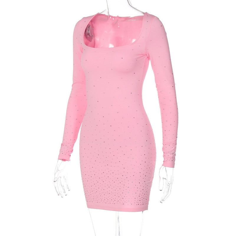 Women Dresses Autumn Hot Drilling U-Neck Long-Sleeved Dress