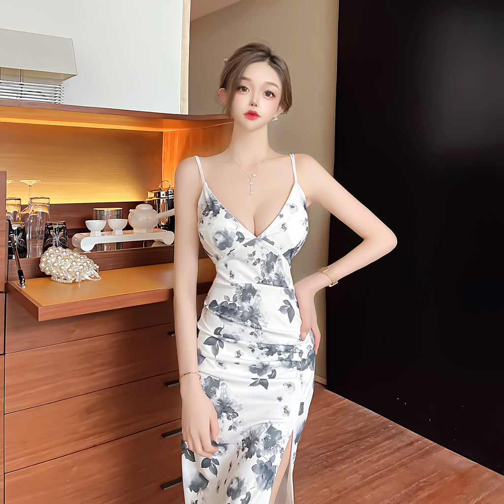Women Maxi Dress Summer Sexy Print Hip Spaghetti Straps Dress