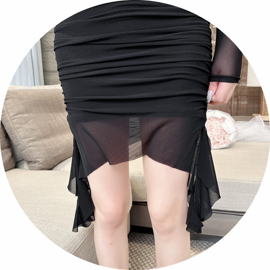 Women Maxi Dress Spring and Autumn Sexy High Elastic Mesh Long Sleeve Narrow Dress