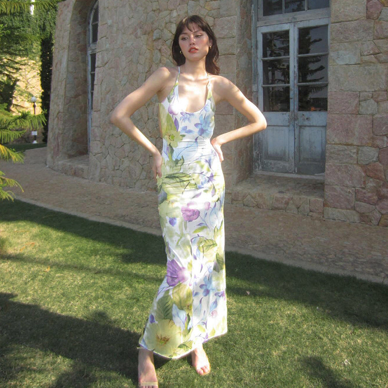 Women Dresses Sexy Backless Printing Slip Dress
