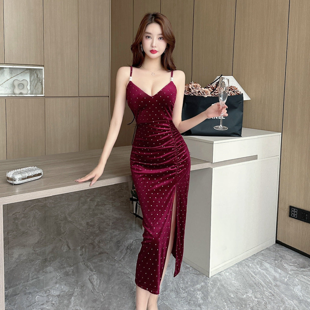 Women Maxi Dress Autumn Winter Sexy Gold Velvet Hip Spaghetti Straps Dress