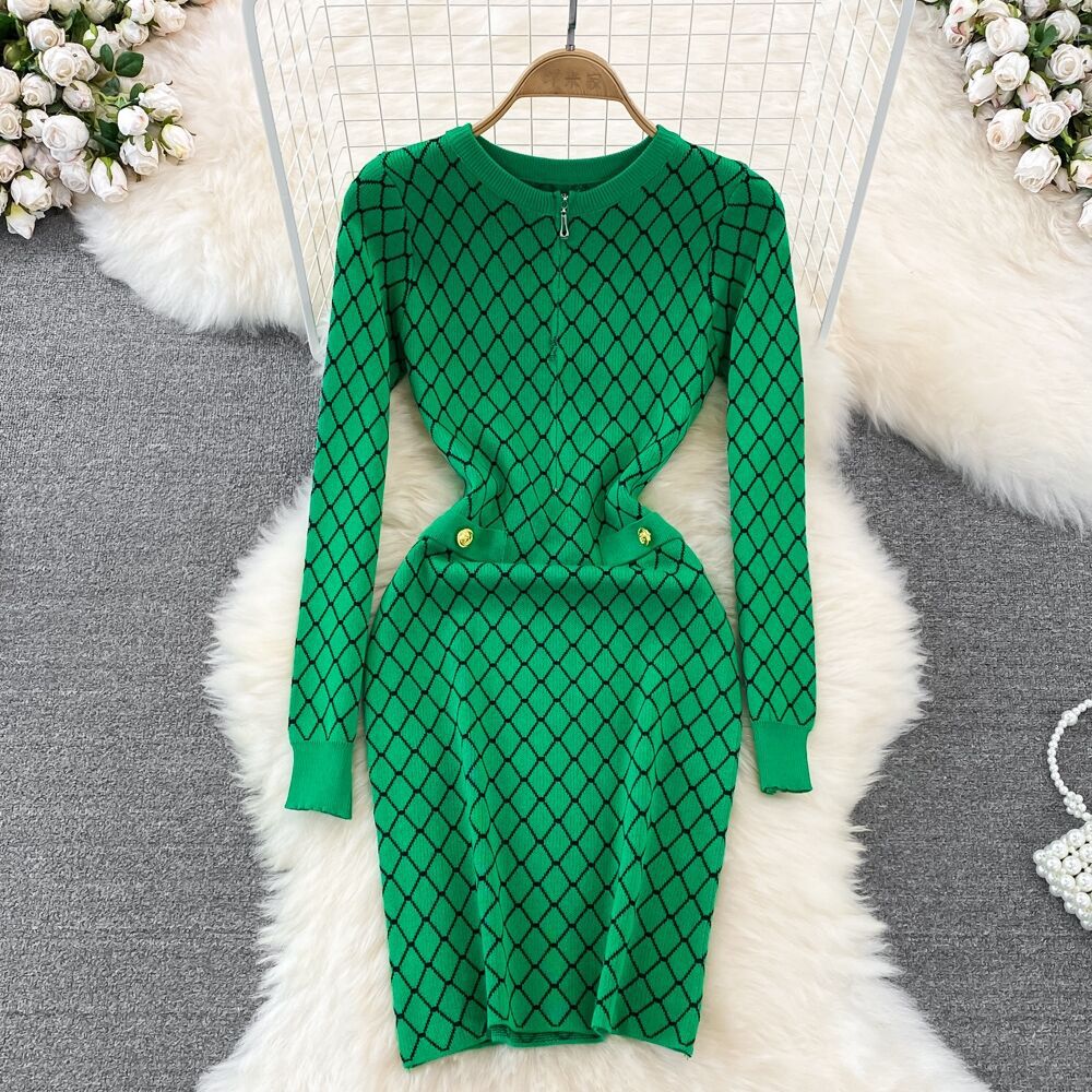 Women Maxi Dress Spring and Autumn Zipper Long Sleeve Slim Fit Hip Knitwear Dress