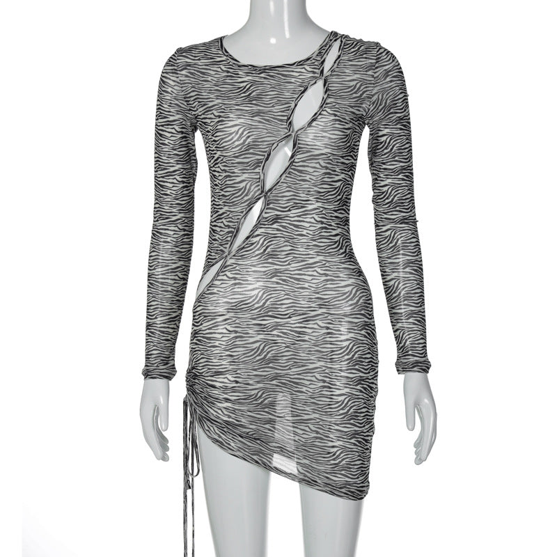 Women Dresses Autumn Sexy Mesh Floral Print Hollow out Long Sleeve Dress