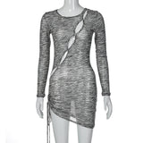 Women Dresses Autumn Sexy Mesh Floral Print Hollow out Long Sleeve Dress
