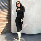 Women Dresses Turtleneck Woolen Hollow Dress Long Dress