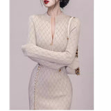Women Maxi Dress Spring and Autumn Zipper Long Sleeve Slim Fit Hip Knitwear Dress