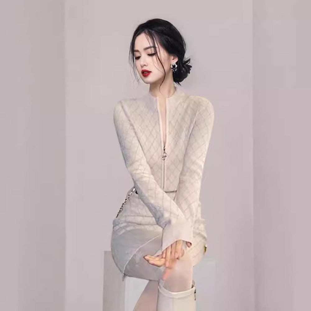 Women Maxi Dress Spring and Autumn Zipper Long Sleeve Slim Fit Hip Knitwear Dress
