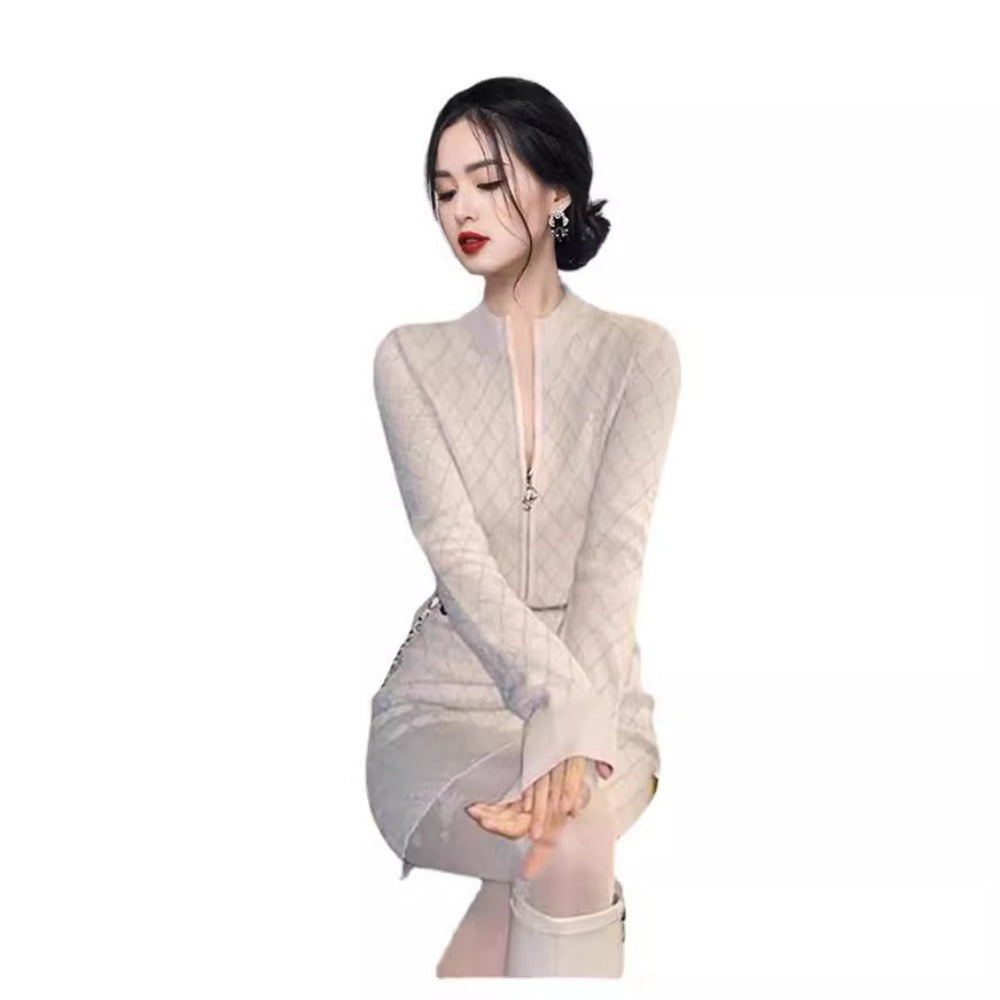 Women Maxi Dress Spring and Autumn Zipper Long Sleeve Slim Fit Hip Knitwear Dress