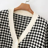 Women Sweater Knitwear Autumn Checkered Loose V-neck Knitted Cardigan Short Sweater