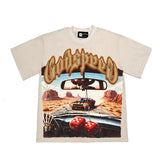 Hip-hop t-shirts - american skull racing retro print high street casual loose fit washed vintage short sleeve tee