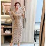 Women Maxi Dress Autumn Retro Hip-Wrapped Knitted Dress