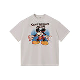 Washed distressed horror mickey saintmichaelmedm retro american t-shirt looseheavy weight round neck
