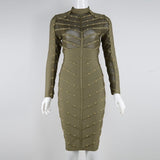 Women Evening Dress Mesh Long Sleeve Dress Bandage One-Piece Dress