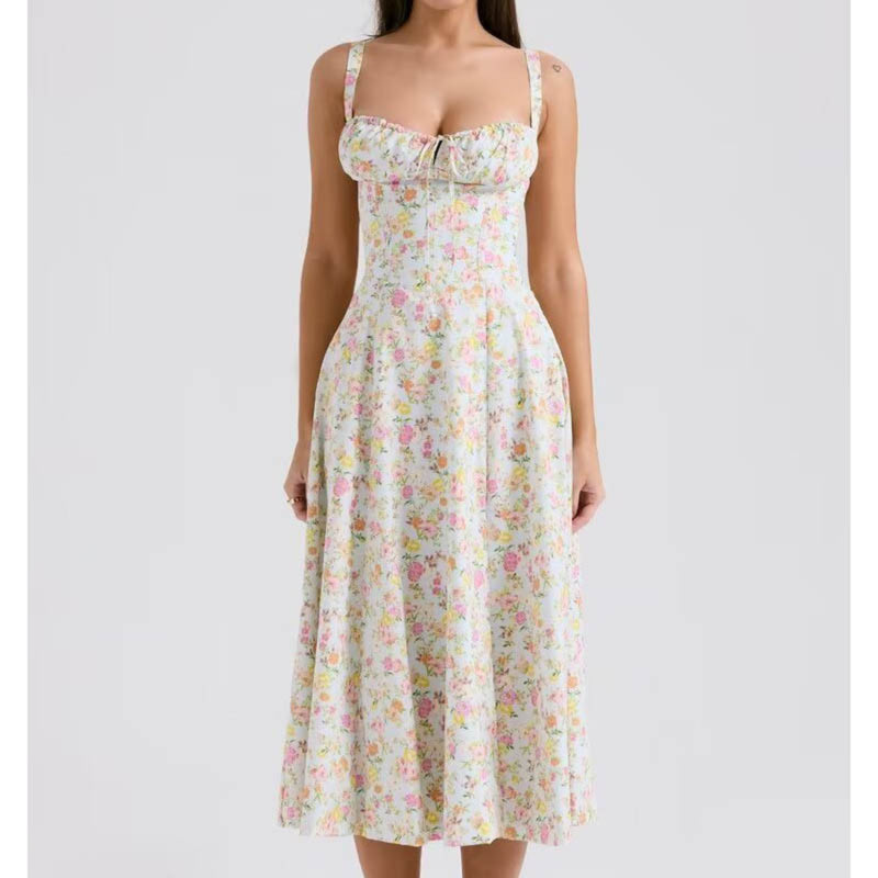 Women Dresses Summer Vintage Printed Dress Backless Midi Dress (Xds0414)