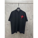 Ch hip-hop t shirts ch short-sleeved couple velvet patch embroidery cross worn out old american high street