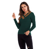 Women Knitted Sweater Casual Top Autumn Crew Neck Long Sleeve Color Matching Sweater