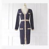 Women Maxi Dress Autumn Long Sleeve V-neck Buttons Knitted Dress
