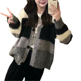 Women Knitwear Autumn and Winter Contrast Color V-neck Sweater Loose Knitted Cardigan