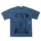 Hip-hop t-shirts: american high street dream letter print denim blue washed vintage short sleeve tee - trendy tee